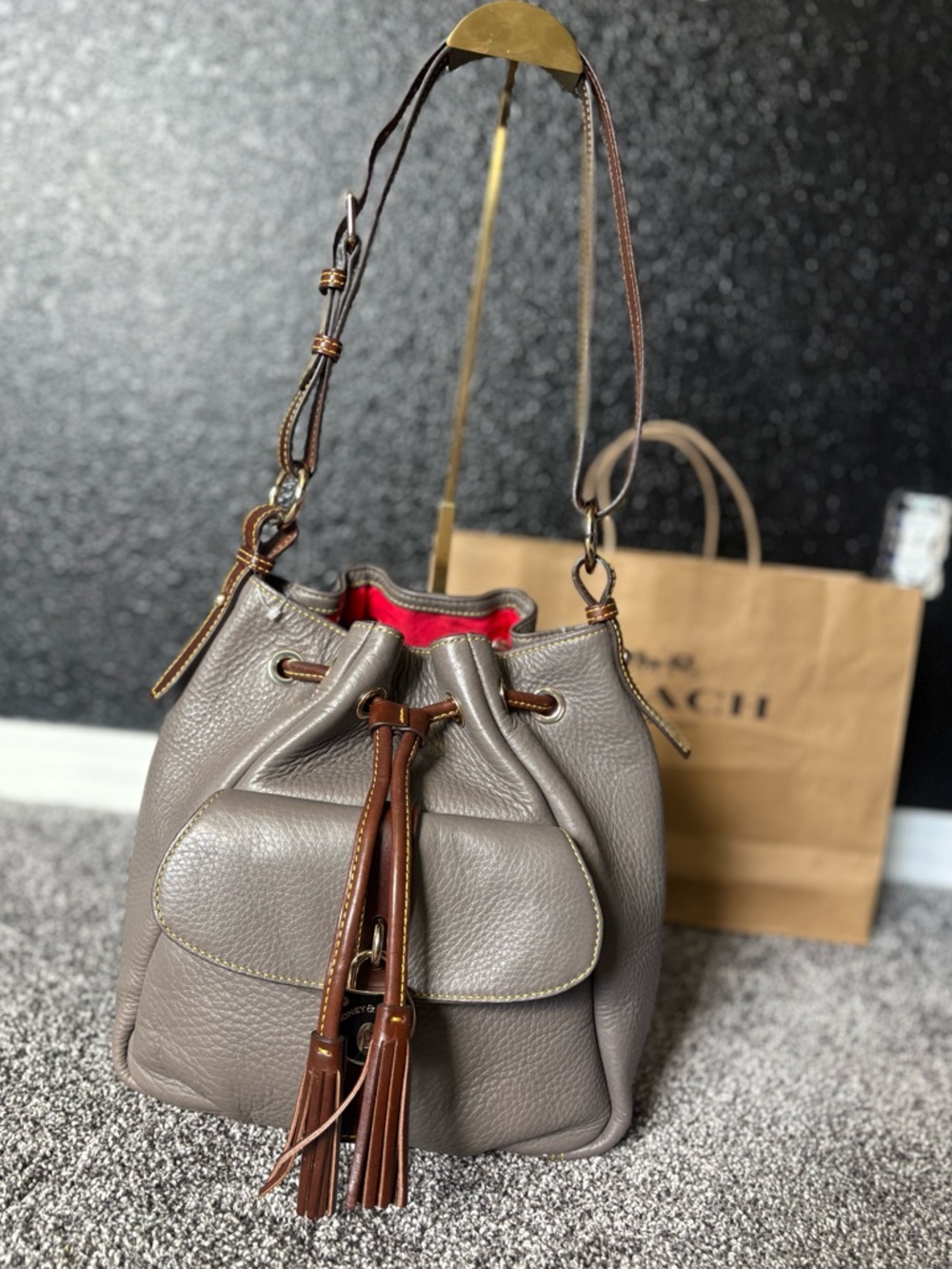 @melinda Dooney & Bourke Samba Drawstring Bag in a gray "Elephant"
